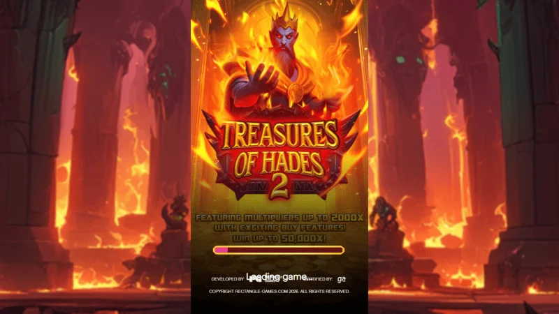 Treasures of Hades 2 — ekran za učitavanje slota Rectangle Games u mitološkom okruženju podzemnog sveta